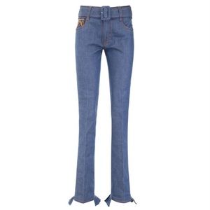 Prada Belted Ruffle-Hem Denim Pants